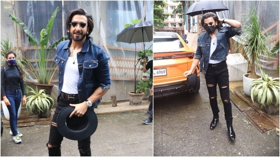 Ranveer Singh accessorised his quirky yet stylish look with black triangle shaped shades and a hat.(HT Photo/ Varinder Chawla)
