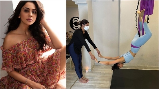 Aerial yoga: Rakul Preet Singh inspires fitness freaks to nail a ‘Sunday stretch’(Instagram/rakulpreet/anshukayoga)