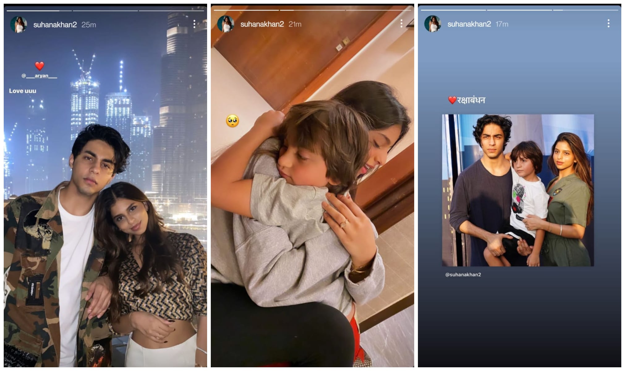 Suhana Khan shared pictures with her brothers Aryan Khan and AbRam Khan on Raksha Bandhan.