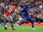Arsenal's Pablo Mari in action with Chelsea's Romelu Lukaku