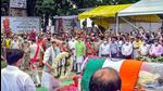 Defence minister Rajnath Singh pays his last respects to BJP veteran Kalyan Singh before his cremation in Bulandshahr, Uttar Pradesh, on Monday. (PTI Photo) Defence minister Rajnath Singh pays his last respects to BJP veteran Kalyan Singh before his cremation in Bulandshahr, Uttar Pradesh, on Monday. (PTI Photo)