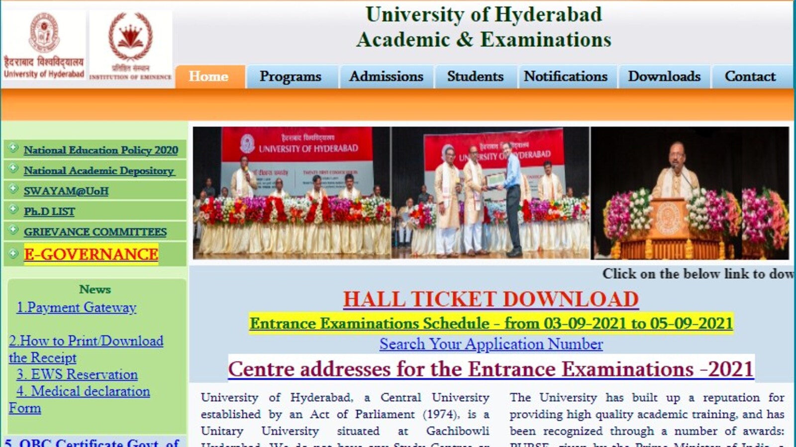 Hyderabad University entrance test hall tickets 2021 released; exams from Sept 3