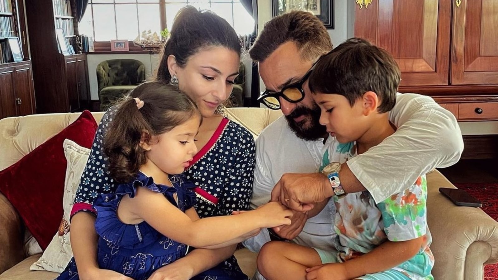 Taimur sits on Saif Ali Khan’s lap, cousin Inaaya ties him a rakhi. See