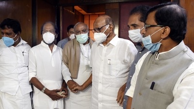 DMK leader Tiruchi Siva, Congress leader Mallikarjun Kharge, NCP leader Sharad Pawar and Shiv Sena leader Sanjay Raut after an all-party meeting. (Arvind Yadav/ Hindustan Times) DMK leader Tiruchi Siva, Congress leader Mallikarjun Kharge, NCP leader Sharad Pawar and Shiv Sena leader Sanjay Raut after an all-party meeting. (Arvind Yadav/ Hindustan Times)