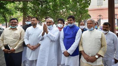 Bihar CM Nitish Kumar, RJD leader Tejashwi Yadav, HAM President Jitan Ram Manjhi and other leaders at South Block in New Delhi on Monday. (PTI) Bihar CM Nitish Kumar, RJD leader Tejashwi Yadav, HAM President Jitan Ram Manjhi and other leaders at South Block in New Delhi on Monday. (PTI)