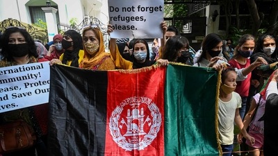 Hundreds of Afghans living in India gathered to protest against the Taliban takeover of Afghanistan and also demanded to be given refugee status in India. (AFP) Hundreds of Afghans living in India gathered to protest against the Taliban takeover of Afghanistan and also demanded to be given refugee status in India. (AFP)
