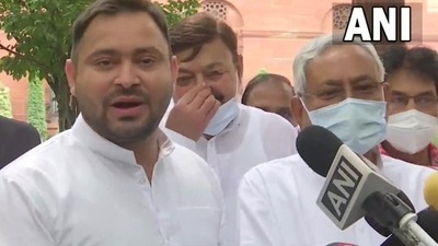 Bihar CM Nitish Kumar and Opposition leader Tejashwi Yadav speak to reporters in Delhi on Monday. (ANI Twitter) Bihar CM Nitish Kumar and Opposition leader Tejashwi Yadav speak to reporters in Delhi on Monday. (ANI Twitter)
