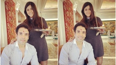 Ekta Kapoor shared a picture with brother Tusshar Kapoor after their puja. Ekta Kapoor shared a picture with brother Tusshar Kapoor after their puja.