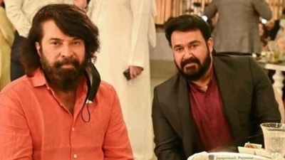Mohanlal and Mammootty at a wedding reception in Dubai. Mohanlal and Mammootty at a wedding reception in Dubai.