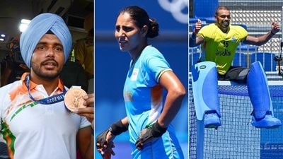Harmanpreet Singh (L), Gurjit Kaur and PR Sreejesh (R) (HT Collage)