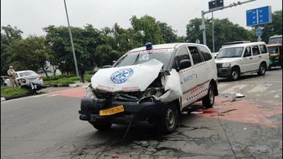 The damaged ambulance after the accident at a busy intersection in Chandigarh on Monday. (Ravi Kumar/HT) The damaged ambulance after the accident at a busy intersection in Chandigarh on Monday. (Ravi Kumar/HT)