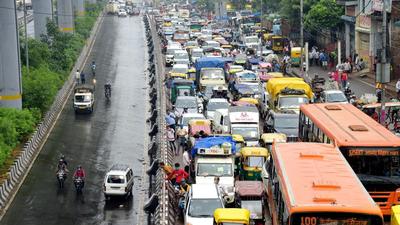 Traffic jam at Azadpur area after rain in New Delhi on Saturday. (PTI) Traffic jam at Azadpur area after rain in New Delhi on Saturday. (PTI)