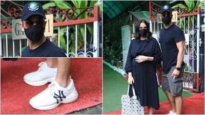 Angad Bedi donned a basic black t-shirt which he teamed with shorts and white sneakers. (HT Photo/Varinder Chawla)