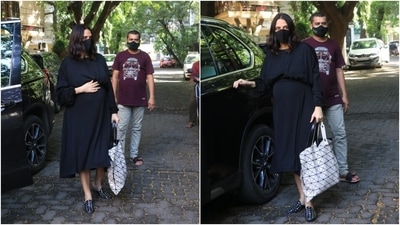 Neha Dhupia opted for a comfy black dress which she teamed with flats. (HT Photo/Varinder Chawla)