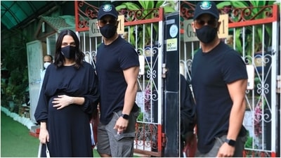 Neha Dhupia's husband Angad Bedi, on the other hand, kept it casual yet trendy. (HT Photo/Varinder Chawla)