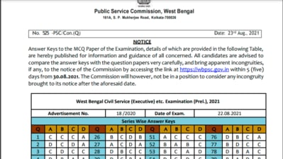 WBCS prelims answer key 2021: The answer key can be checked by all the candidates on the official site of WBPSC on wbpsc.gov.in. The examination was conducted on August 22, 2021. (wbpsc.gov.in)