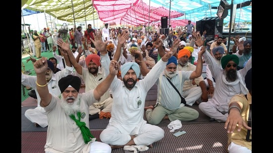 Farmers protesting on the national highway in Jalandhar on Monday. (PTI) Farmers protesting on the national highway in Jalandhar on Monday. (PTI)
