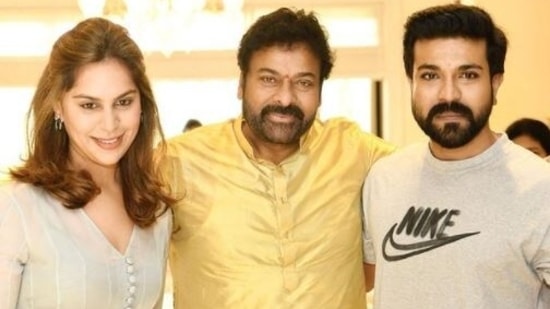 Chiranjeevi with his son Ram Charan and daughter-in-law Upasana.