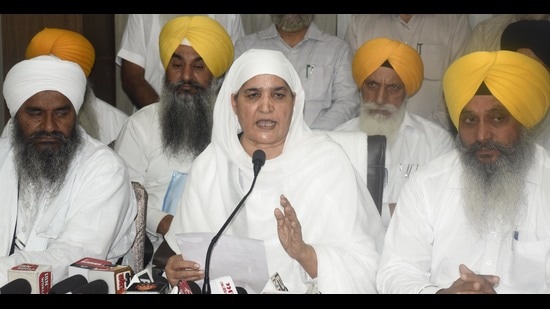 Shiromani Gurdwara Parbandhak Committee president Jagir Kaur during a press conference in Amritsar on Monday.