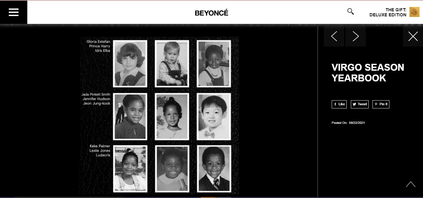 A screengrab of Beyoncé's website featuring Jungkook's childhood pic.