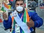 Javelin thrower Tek Chand poses as he's the flagbearer of the Indian contingent for the opening ceremony in Tokyo 2020 Paralympic Game