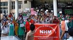 Members of the National Health Mission Union staging a protest at Government Multi Speciality Hospital, Sector 16, Chandigarh, on Tuesday. (Keshav Singh/HT) Members of the National Health Mission Union staging a protest at Government Multi Speciality Hospital, Sector 16, Chandigarh, on Tuesday. (Keshav Singh/HT)