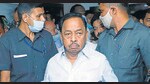 Narayan Rane interacts with the media during an event in Chiplun, hours before his arrest on Tuesday. (Anil Phalke/HT)