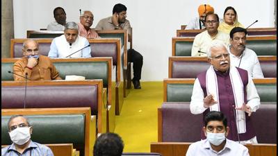 Haryana chief minister Manohar Lal Khattar speaking in the assembly on Tuesday. (HT PHOTO) Haryana chief minister Manohar Lal Khattar speaking in the assembly on Tuesday. (HT PHOTO)