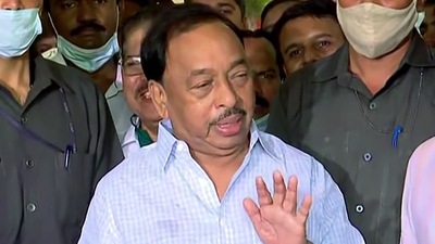 Union Minister Narayan Rane speaks to the media on the FIR filed against him in Mumbai on Tuesday. (ANI Photo) Union Minister Narayan Rane speaks to the media on the FIR filed against him in Mumbai on Tuesday. (ANI Photo)
