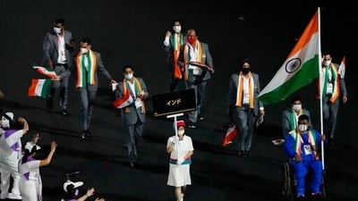 Athletes from India enter the stadium during the opening ceremony for the 2020 Paralympics at the National Stadium in Tokyo, Tuesday, Aug. 24, 2021. (AP) Athletes from India enter the stadium during the opening ceremony for the 2020 Paralympics at the National Stadium in Tokyo, Tuesday, Aug. 24, 2021. (AP)