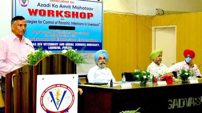 Dr Inderjeet Singh, vice-chancellor, GADVASU, addressing the attendees during the workshop in Ludhiana on Tuesday. (HT Photo) Dr Inderjeet Singh, vice-chancellor, GADVASU, addressing the attendees during the workshop in Ludhiana on Tuesday. (HT Photo)