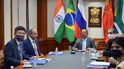 National Security Advisor Ajit Doval and other officials during a virtual meeting of BRICS, in New Delhi on Tuesday. (ANI) National Security Advisor Ajit Doval and other officials during a virtual meeting of BRICS, in New Delhi on Tuesday. (ANI)