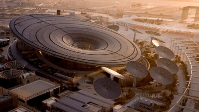 The sustainability pavilion at Expo 2020 Dubai, Terra, draws clean energy from 4,912 photovoltaic panels arranged atop a 130-metre-wide roof canopy and a series of 18 ‘energy trees' in its landscape. (Expo 2020 Dubai)