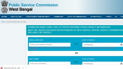 West Bengal Judicial Services prelims admit card 2021: The West Bengal Judicial Service (Preliminary) Examination, 2021 admit card can be downloaded on the official website of WBPSC at wbpsc.gov.in. (wbpsc.gov.in)