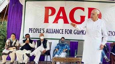 People’s Alliance for Gupkar Declaration (PAGD) president Farooq Abdullah speaking during the alliance meeting in presence of alliance vice-president Mehbooba Mufti and other senior members of the group, at his residence, in Srinagar on Tuesday. (ANI Photo) People’s Alliance for Gupkar Declaration (PAGD) president Farooq Abdullah speaking during the alliance meeting in presence of alliance vice-president Mehbooba Mufti and other senior members of the group, at his residence, in Srinagar on Tuesday. (ANI Photo)