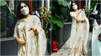 Sara proved that she is the queen of elegant sartorial choices with her look for an outing in Mumbai today. She chose a simple and chic suit set. (HT Photo/Varinder Chawla)