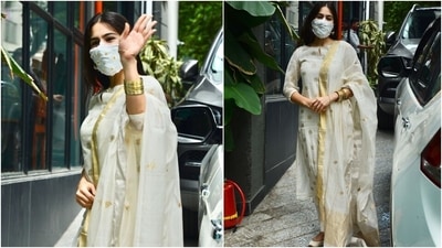 Sara completed her outfit with a floral embroidered matching face mask, gold bangles, embellished juttis, and pretty earrings. She left her locks open in a middle parting and chose minimal make-up with kohl-lined eyes. (HT Photo/Varinder Chawla)