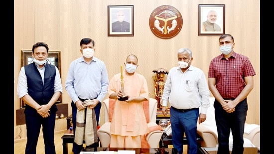 BrahMos Aerospace CEO Sudhir Kumar Mishra (second from left) met UP chief minister Yogi Adityanath on Tuesday for setting up a missile manufacturing unit in Lucknow. (Sourced) BrahMos Aerospace CEO Sudhir Kumar Mishra (second from left) met UP chief minister Yogi Adityanath on Tuesday for setting up a missile manufacturing unit in Lucknow. (Sourced)