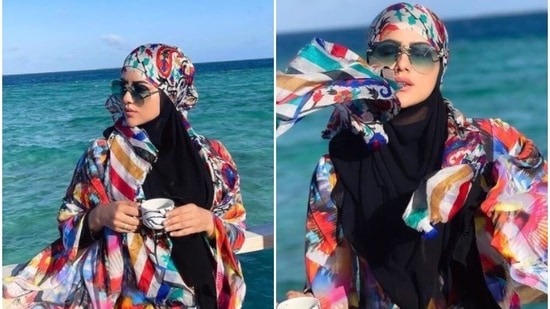Former actor Sana Khan, accompanied by her husband Anas, too was in the Maldives for a holiday.