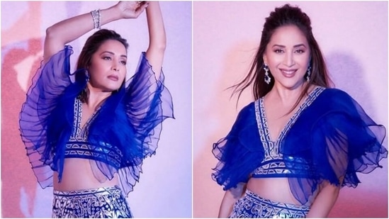 Madhuri Dixit teams the most dramatic blouse with embellished lehenga, Nora Fatehi reacts(Instagram/@madhuridixitnene)