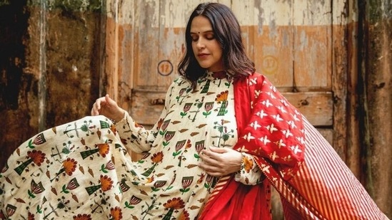 Pregnant Neha Dhupia twirls into our hearts in ₹30k Rajasthani print anarkali (Instagram/@nehadhupia)