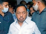 Narayan Rane interacts with the media during an event in Chiplun, hours before his arrest on Tuesday. (Anil Phalke/HT)