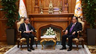 Tajikistan President Emomali Rahmon told visiting Pakistani foreign minister Shah Mahmood Qureshi during a meeting that the country wouldn’t recognise any government formed through oppression in Afghanistan. (TWITTER/ @SMQureshiPTI.) Tajikistan President Emomali Rahmon told visiting Pakistani foreign minister Shah Mahmood Qureshi during a meeting that the country wouldn’t recognise any government formed through oppression in Afghanistan. (TWITTER/ @SMQureshiPTI.)