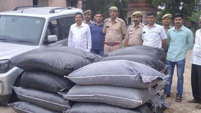 Sacks full of opium pods were found in the SUV abandoned by suspected drug smugglers in Rajasthan’s Pali district. (Photo Source- Rajasthan Police)