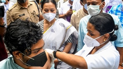 Kerala health minister Veena George at a drive-through vaccination centre in Thiruvananthapuram. (PTI) Kerala health minister Veena George at a drive-through vaccination centre in Thiruvananthapuram. (PTI)