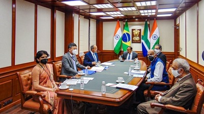 National Security Adviser Ajit Doval virtually hosts the inaugural meeting of IBSA National Security Advisers. (PTI) National Security Adviser Ajit Doval virtually hosts the inaugural meeting of IBSA National Security Advisers. (PTI)