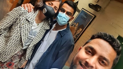 Anushka and Virat pose for a selfie at a street food joint. Anushka and Virat pose for a selfie at a street food joint.