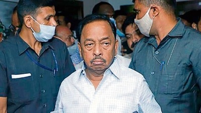 Narayan Rane interacts with the media during an event in Chiplun, hours before his arrest on Tuesday. (Anil Phalke/HT Photo)
