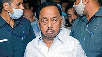 Narayan Rane interacts with the media during an event in Chiplun, hours before his arrest on Tuesday. (Anil Phalke/HT) (HT_PRINT)