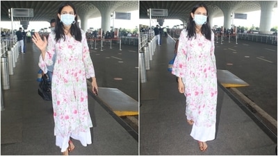 Rakul wore the kurta with white embroidered flared pants, pink Kolhapuri sandals, and a face mask to keep herself safe during the pandemic. (HT Photo/Varinder Chawla)